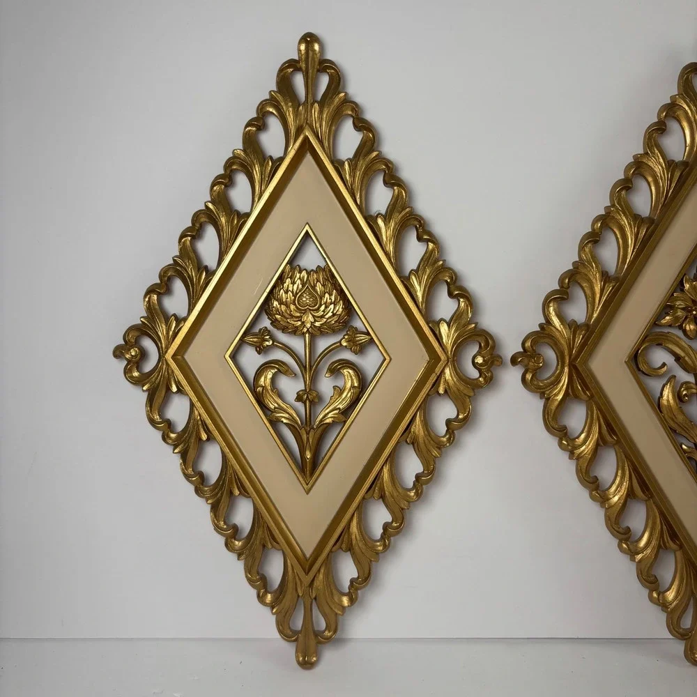 Syroco Floral Wall Art Set 2 14x8.5 Gold Diamond Hollywood‎ Regency MCM 4973